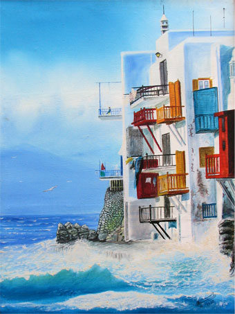 oil painting of building on ocean