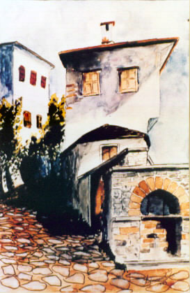watercolor painting of a village