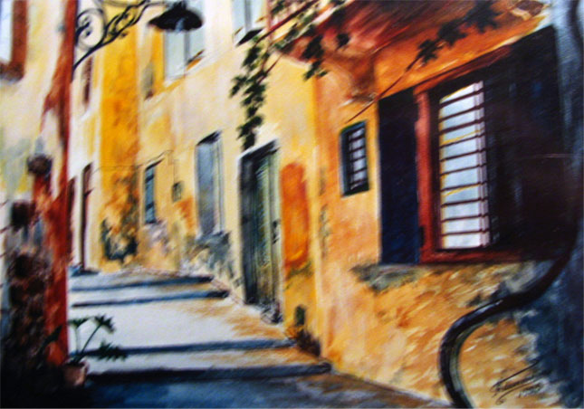 watercolor painting of an alley